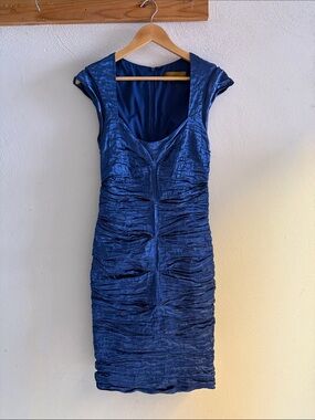 Nicole Miller Royal Blue Ruched Scoop-Neck Midi Dress